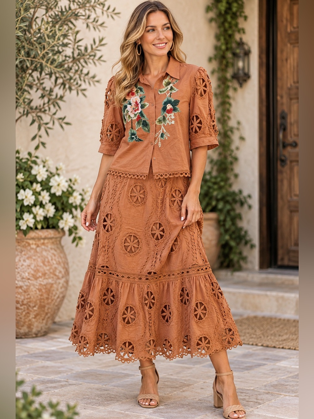 Aratta NWOT Embroidered Cutwork Blouse & Maxi Skirt 2 Piece Boho Set
